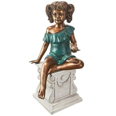 Bridgette Bronze Little Girl Garden Statue with Bird