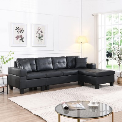 VASIP Modern 4-Seat L-Shaped Sectional Sofa with Left/Right Chaise Lounge & Built-In Cup Holders - Black, Space-Saving Design for Living Room