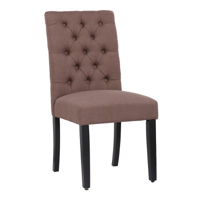 Brown Linen Upholstered Tufted Dining Side Chair with Rubberwood Legs