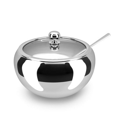 Large Stainless Steel Sugar Bowl with Glass Lid and Spoon