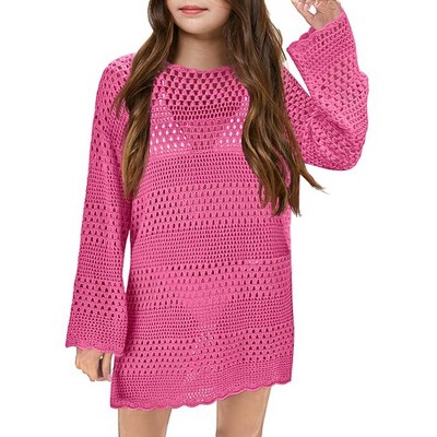 Girls Crochet Beach Cover Ups Round Neck Above Knee Length Cover Up Sheer Dress