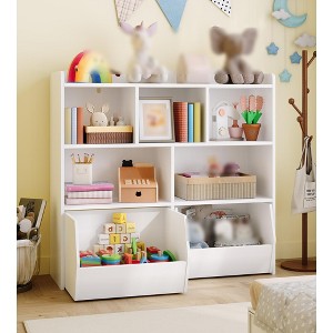 Toy Storage Organizer, Wood Open Bookcase with 2 Drawers, 5 Cubbies Toy Storage Cabinet, Floor Storage Chest for Playing Room, White Special Drawer - 1 of 4