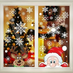 4 Sheets Christmas Static Window Clings, Reusable Snowflake Snowman Moose Elk Decals for Glass Door Home Holiday Decorations - 1 of 4