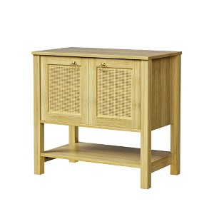 Rattan Nightstand with 2 Doors and Storage Shelf, Boho Bedside Narrow Side Table for Bedroom - 1 of 2