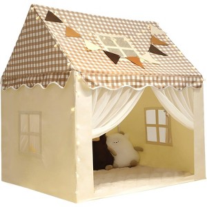 Etokfoks Kids Playhouse Tent Indoor Outdoor Lattice Top 47x40x52 Inch with Star Light Flags Washable Mat Four Windows Carry Bag 1 Set - 1 of 4