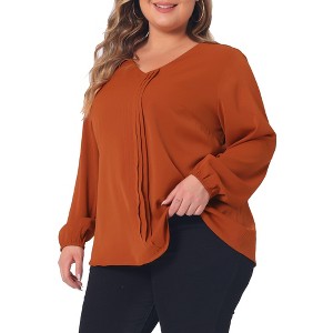 Agnes Orinda Women's Plus Size Work Dressy Casual Pleated V Neck Long Sleeve Blouses - 1 of 4