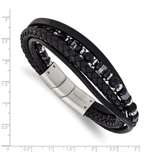 Chisel Stainless Steel Brushed and Onyx and Hematite Beaded Black Leather Multi Strand 8" Plus .5" Ext. Bracelet - 1 of 4