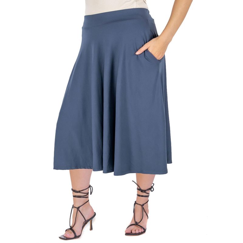 24seven Comfort Apparel Elastic Waist Pleated Pocket Plus Size Midi Skirt, 2 of 5