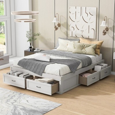 ALEXOUN Wooden Bed Frame with 6 Storage Drawers,Without Headboard Design,Slat Support,No Box Spring Needed,Easy Assembly