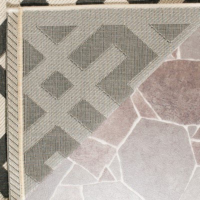 Black and Beige Geometric Synthetic Indoor/Outdoor Rug, 2'-4" x 14'