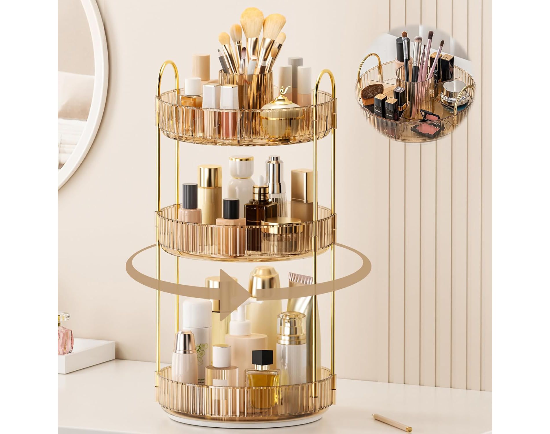 Dronkon 360¡ã Rotating Makeup Organizer - 3 Tier Clear Cosmetic Organizer with Brush Holder for Skincare, Perfume, Bathroom Countertop & Sink (Amber)
