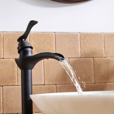 Matte Black Tall Vessel Sink Faucet with Waterfall Spout and Drain Assembly