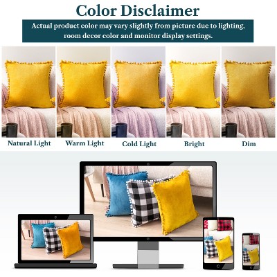 Mustard Yellow Velvet Square Throw Pillow Covers with Pom Pom Fringe, 20'' x 20''