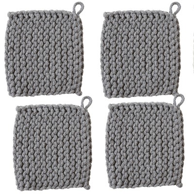TAG Gray Crocheted Cotton Trivet Potholder – 8"x8", Heat-Resistant with Hanging Loop, Machine Washable, Protect Hands and Surfaces Set of 4