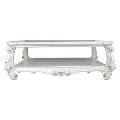 HomeRoots 57" White Wood Ornate Coffee Table With Shelf