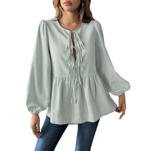 Coolmee Women's Tie Front Striped Shirt Long Sleeve Trendy Cute Babydoll Tops Peplum Puff Sleeve Blouse - 1 of 4