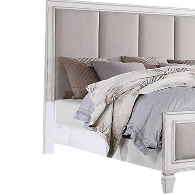 Katia King Bed with Light Gray Linen Upholstered Headboard and Rustic White Frame