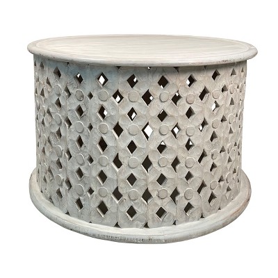 28 inArtisanal Round Mango Wood Coffee Table, Intricate Diamond Lattice Cut Out Frame, Washed White