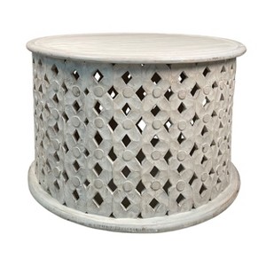 28 inArtisanal Round Mango Wood Coffee Table, Intricate Diamond Lattice Cut Out Frame, Washed White - 1 of 1