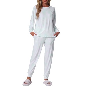 cheibear Women's Cotton Tie Dye Long Sleeve Round Neck Shirt with Drawstring Long Pants Pajama Set - 1 of 4