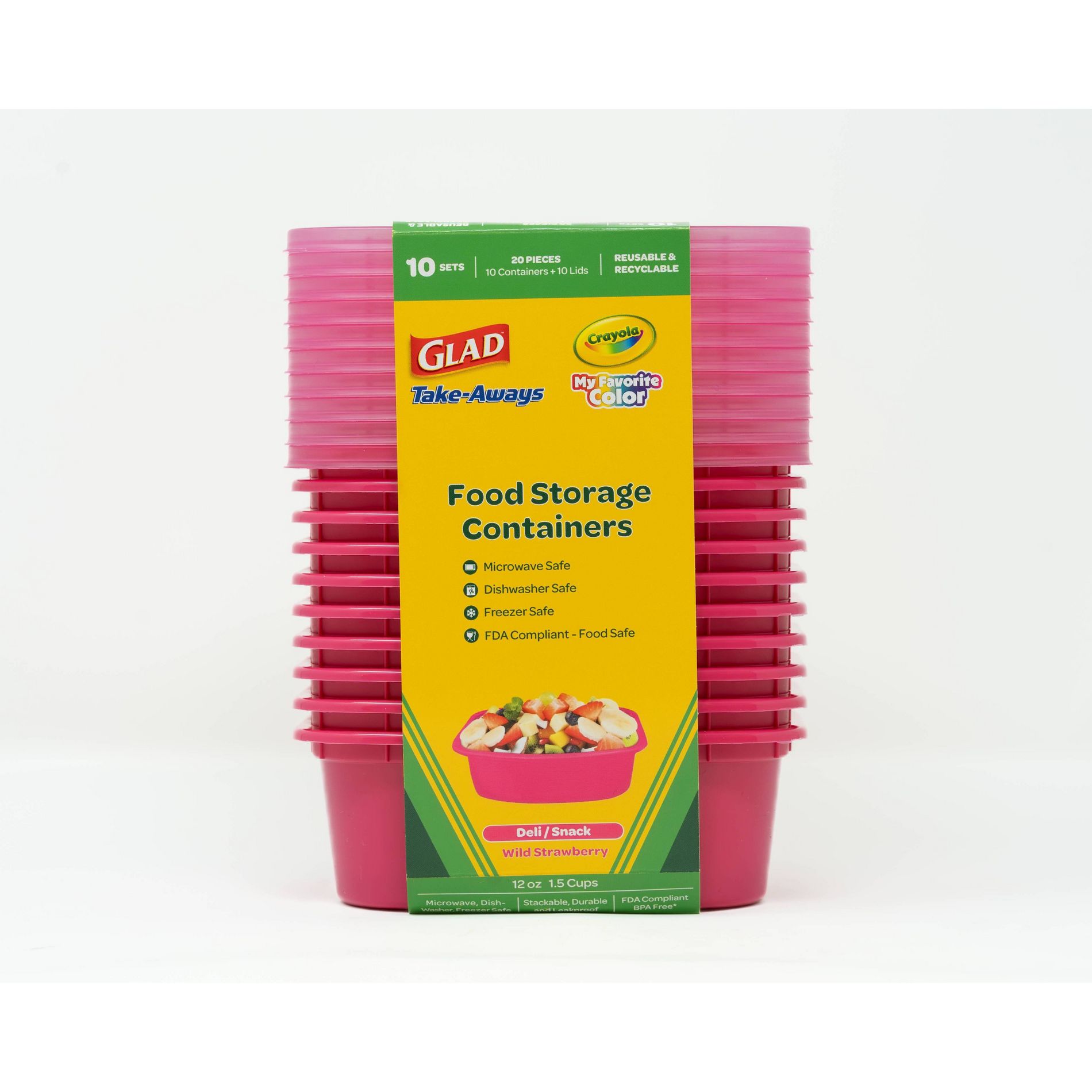 Glad Crayola Take-Aways 12oz/10pk Deli Snack Food Storage Containers - Wild Strawberry
