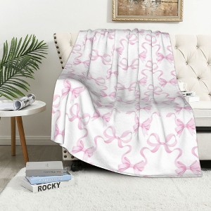 Pink Bow Flannel Blanket, Princess Style Watercolor Bow Fleece Blanket for Bedroom Sofa Dormitory, Fairy Tale Bow Ribbon Striped Pink White Blanket - 1 of 4