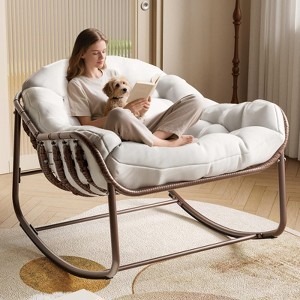 Outdoor Papasan Rocking Chair, Oversized Wicker Lounge Chair with Cushion and Metal Frame, Patio Rattan Egg Rocker - 1 of 4