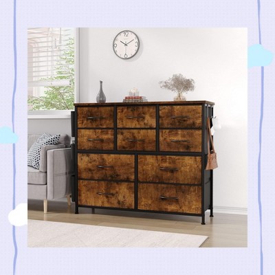 Garvee Dresser for Bedroom - Cloth Storage Tower with 10 Drawers, Rustic Brown TV Stand, Chest of Drawers with Fabric Bins