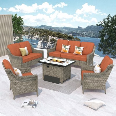 XIZZI 5 Pieces Furniture Set with Fire Pit Table, All Weather PE Conversation Set with 3 Seater Sofa, Loveseat and High Back Rattan Chairs