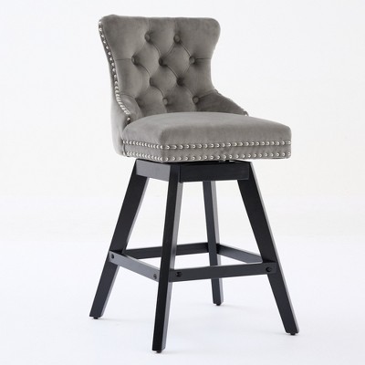 PDTEND Swivel Velvet Bar Stools with Button Tufted Decoration and Wooden Legs, Chrome Nailhead Trim Set of 2