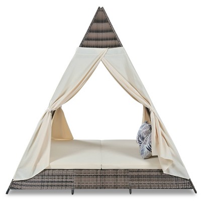 Nestfair Wicker Outdoor Day Bed Sunbed with Cushion and Curtain Beige