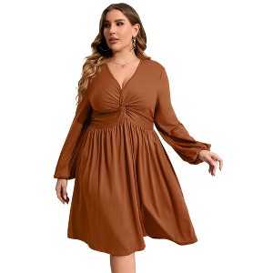 Clearlove Plus Size Dresses for Women V Neck Long Sleeve Twist Knot Front Flowy Dresses - 1 of 4