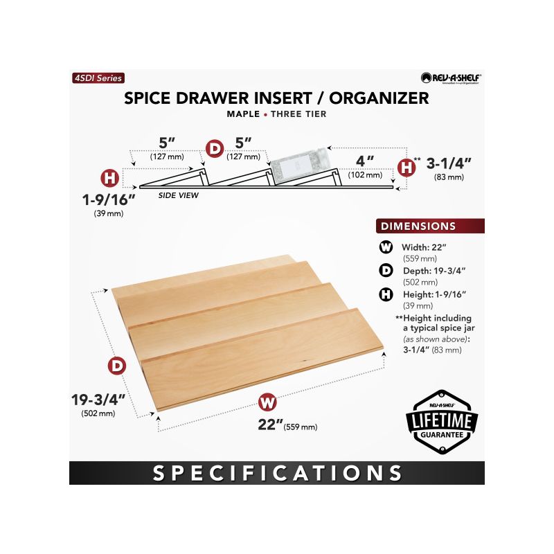 Rev-A-Shelf 4SDI 3-Tier Trim-to-Fit Wooden Spice Drawer Storage Organizer Cabinet Insert, Natural Maple, 4 of 7