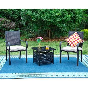 3pc Patio Conversation Set with Wicker Rattan Chairs with Cushions & Square Table with Umbrella Hole - Captiva Designs