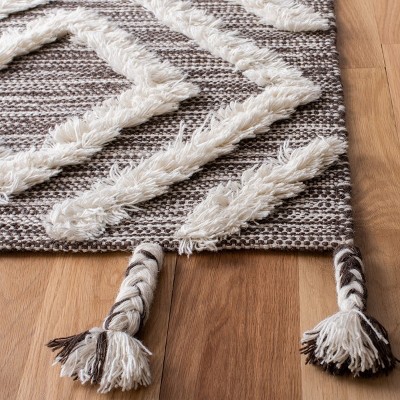 Hand-Knotted Brown and Ivory Wool Geometric Runner Rug