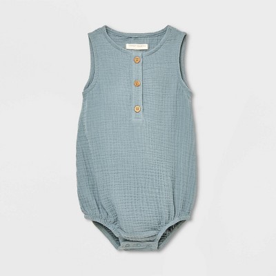 Image of Grayson Collective Baby Sleeveless Gauze Button-Front Bubble Romper - Teal Blue Newborn