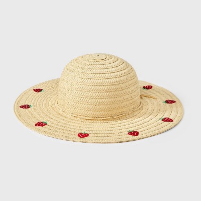 Girls' Paper Straw with Embroidered Strawberries Floppy Sun Hat - Cat & Jack™️ Tan: UPF 50+, Lightweight, Woven