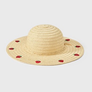 Girls' Paper Straw with Embroidered Strawberries Floppy Sun Hat - Cat & Jack™️ Tan - 1 of 3
