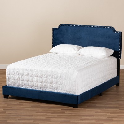 Darcy Full Navy Velvet Upholstered Bed with Nailhead Trim