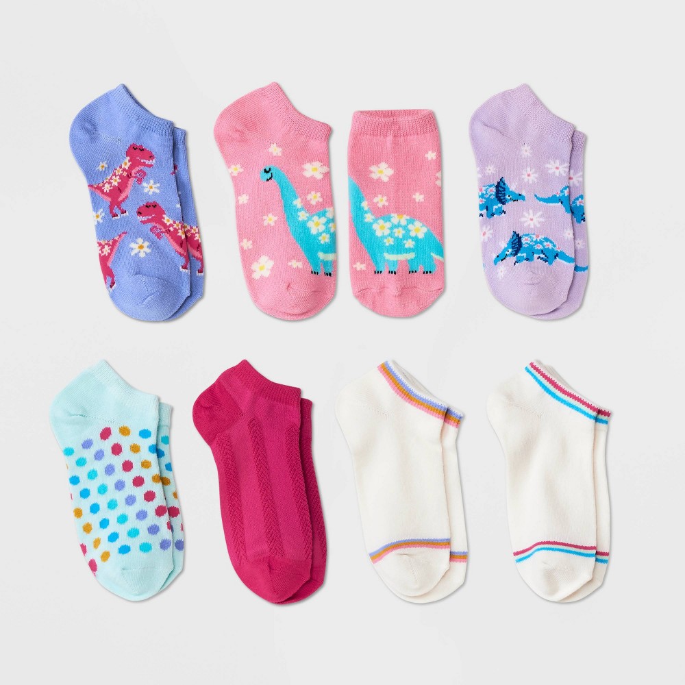 Girls' 7pk Dino No Show Socks - Cat & Jack™ Pink L