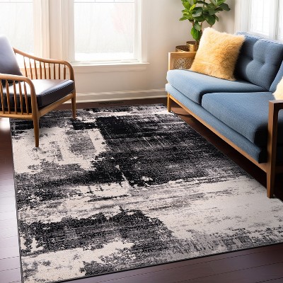 Black and Gray Abstract 5' x 7' Stain-Resistant Area Rug