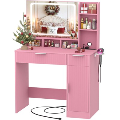 Besiost Vanity Desk with Mirror and 3 Color Lights, Makeup Vanity Desk with Drawers