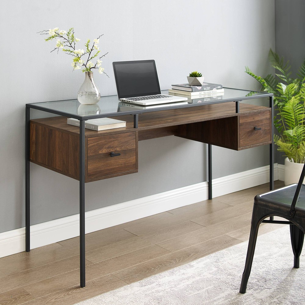 Lamvia Contemporary 2 Tier Glass Top Desk Dark Walnut - Saracina Home: Home Office Furniture with Storage Shelf