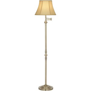 Regency Hill Montebello Vintage Retro Floor Lamp 60" Tall Antique Brass Metal Swing Arm Soft Tan Bell Shade for Living Room Bedroom Office House Home - 1 of 4