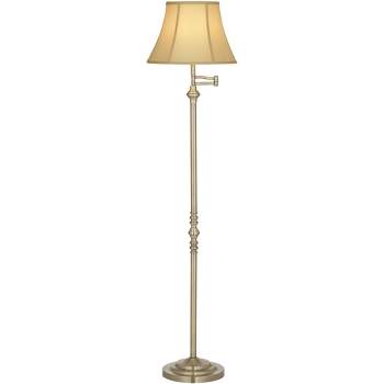 Regency Hill Montebello Vintage Retro Floor Lamp 60" Tall Antique Brass Metal Swing Arm Soft Tan Bell Shade for Living Room Bedroom Office House Home