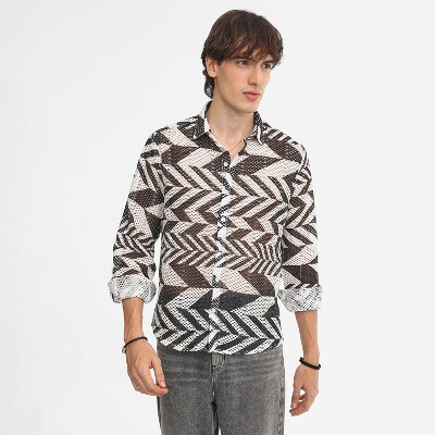 Campus Sutra Men Men's Taupe Brown & Cream White Chevron-Knit Shirt