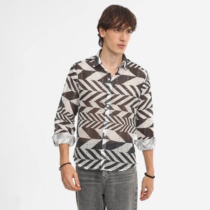 Campus Sutra Men Men's Taupe Brown & Cream White Chevron-Knit Shirt - 1 of 4