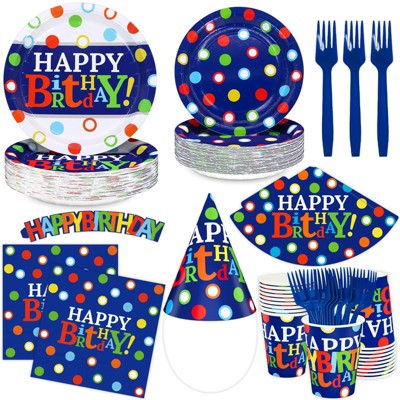 DYLIVeS Colorful Dots Happy Birthday Decorations,Birthday Party Plates Napkins Cups,Cup Sleeves, Birthday Paper Party Hats,Birthday Party Supplies