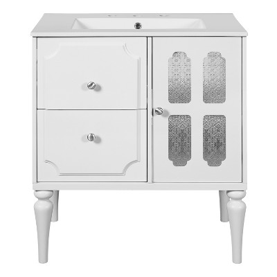 Vynxaria 30 in. 1 Freestanding White Bath Vanity with White Ceramic Top with 2 Drawers Wood Frame Bathroom Storage Cabinet
