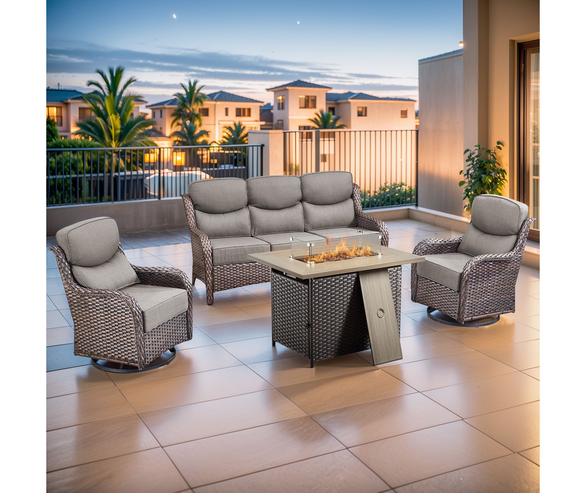 Gymojoy 4 Pieces Outdoor 6 Inch Sofa Swivel Chair with Fire Pit Table